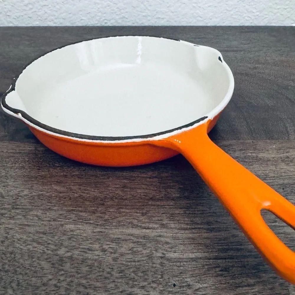 Vintage LeCreuset Flame Orange Enamel Cast Iron Cookware Skillet Pan